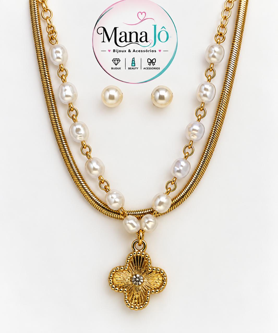 Conjunto dourado trevo com detales em perola