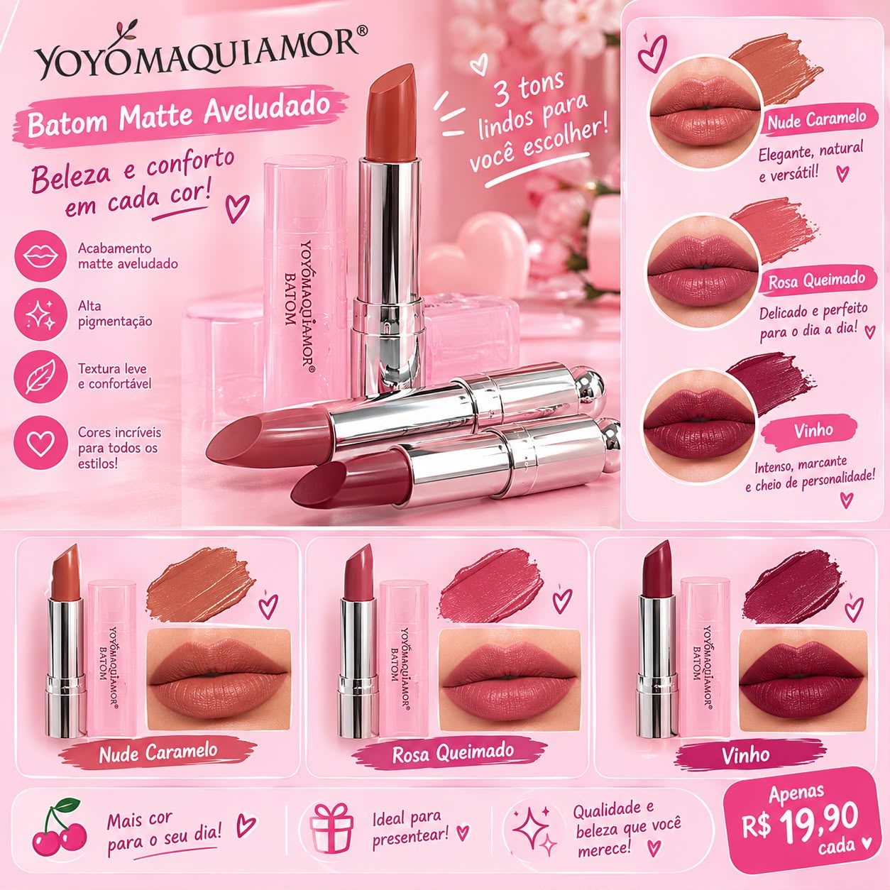 Batom Matte Aveludado YOYÓ Maquiamor® — 3 Cores