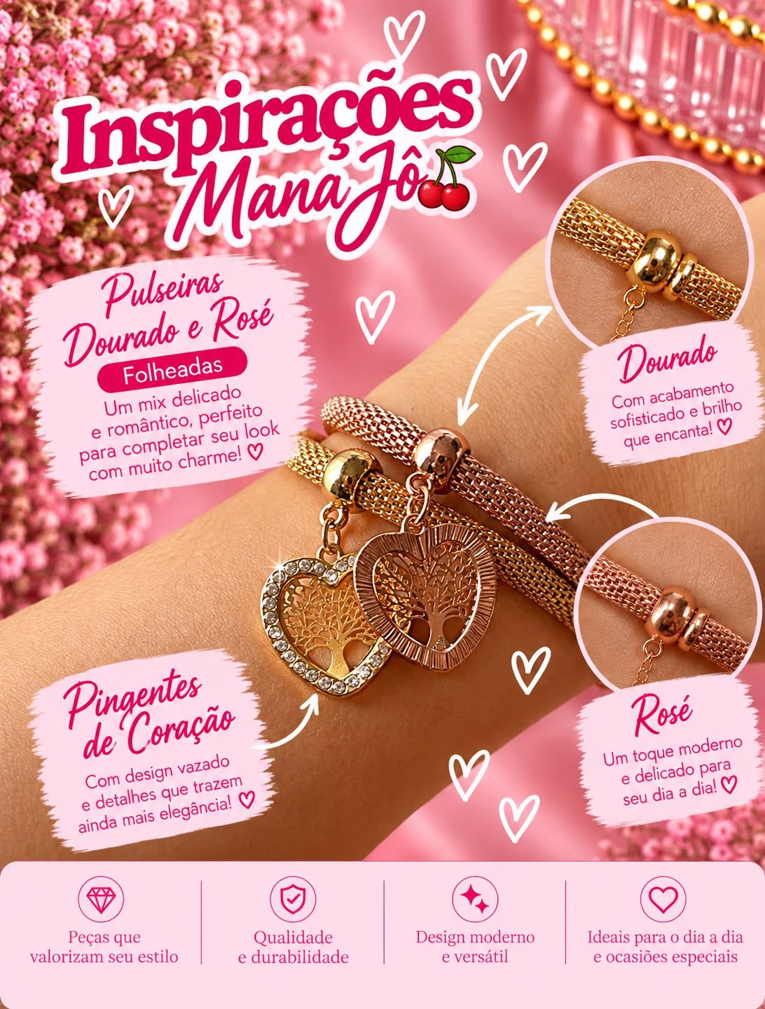 Mix de Pulseiras Dourado e Rosé com Pingentes de Coração ✨