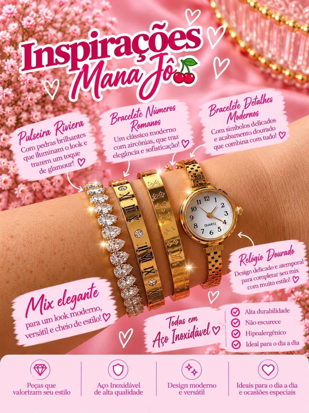 Mix Dourado com Relógio e Braceletes — Inspirações Mana Jô ✨