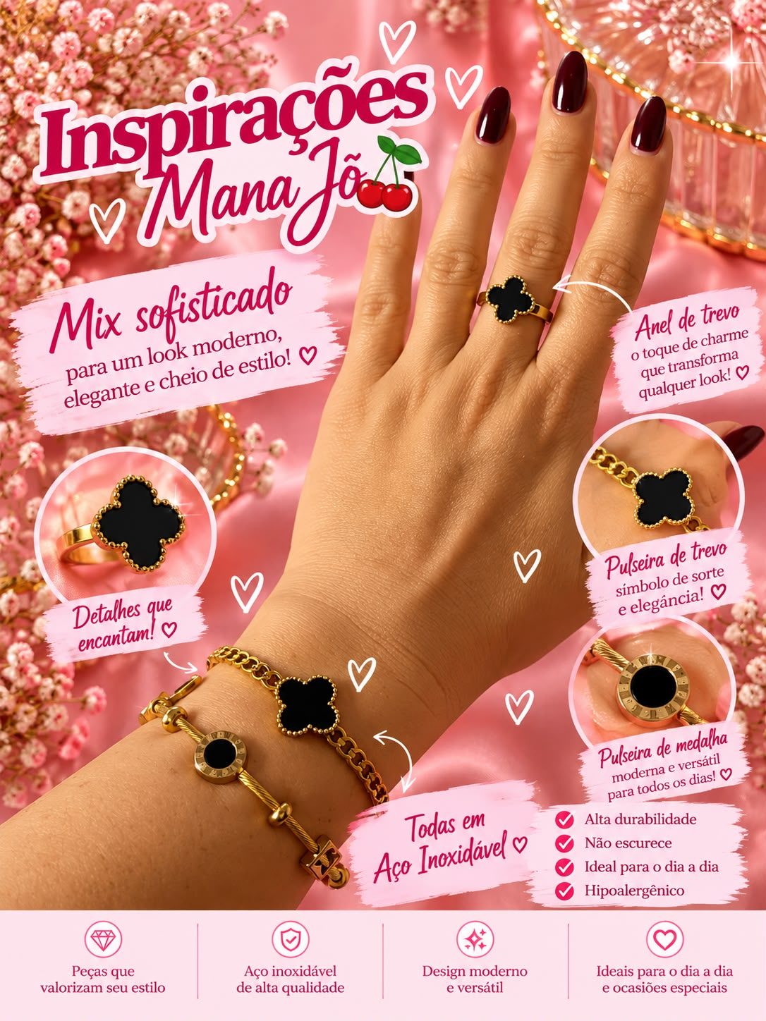 Mix Trevo e Medalha em Aço Inoxidável ✨