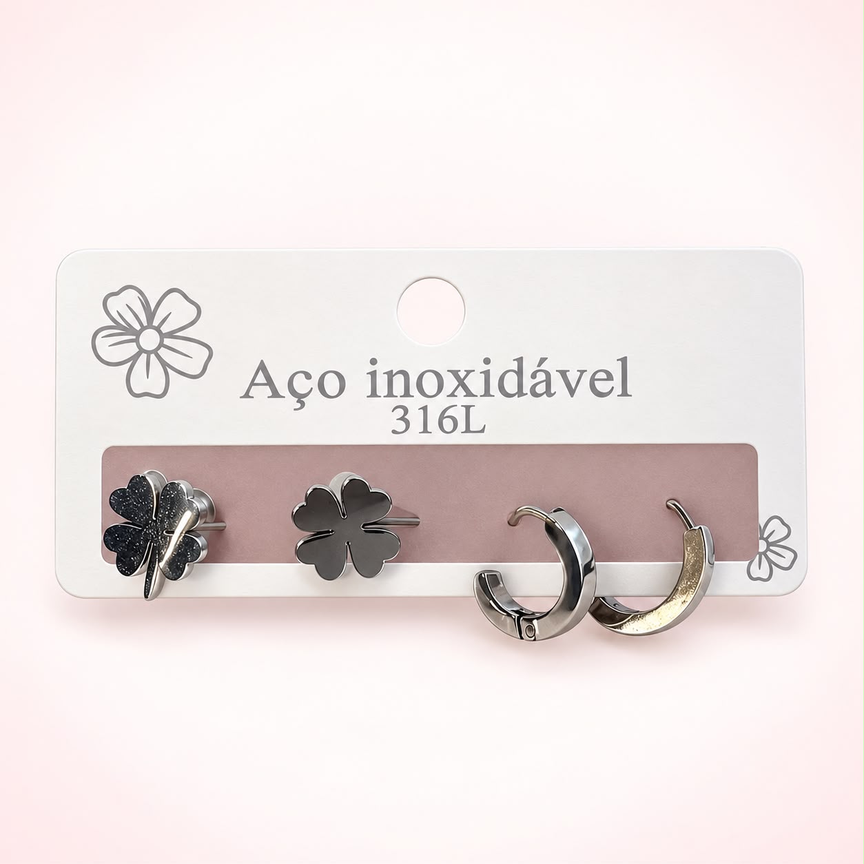 Brincos duplo trevo e argola em aço inoxidavel 