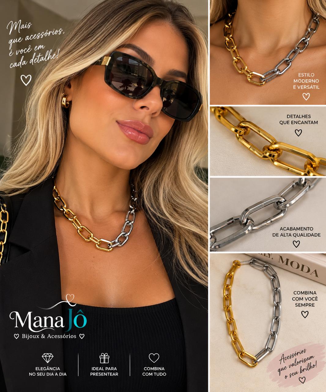 Colar de Elos Maxi Bicolor Dourado e Prateado