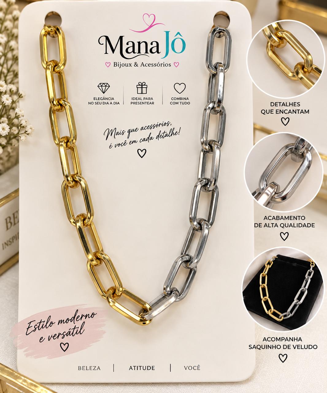 Colar de Elos Maxi Bicolor Dourado e Prateado