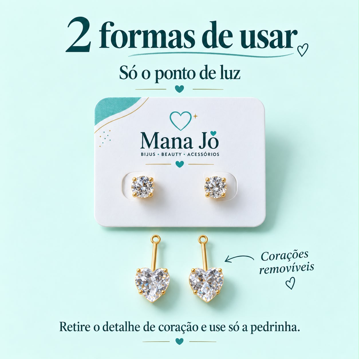 Par de brincos 2 em 1 coração e ponto de luz removivel dourado