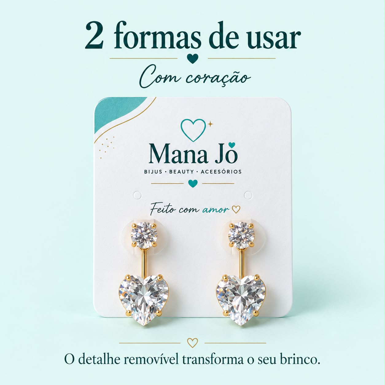 Par de brincos 2 em 1 coração e ponto de luz removivel dourado