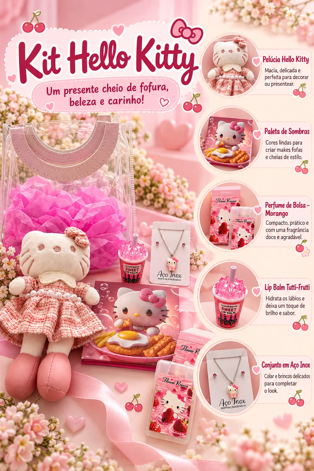 Kit Hello Kitty em fundo rosa com pelúcia, sombras, perfume, lip balm e colar.