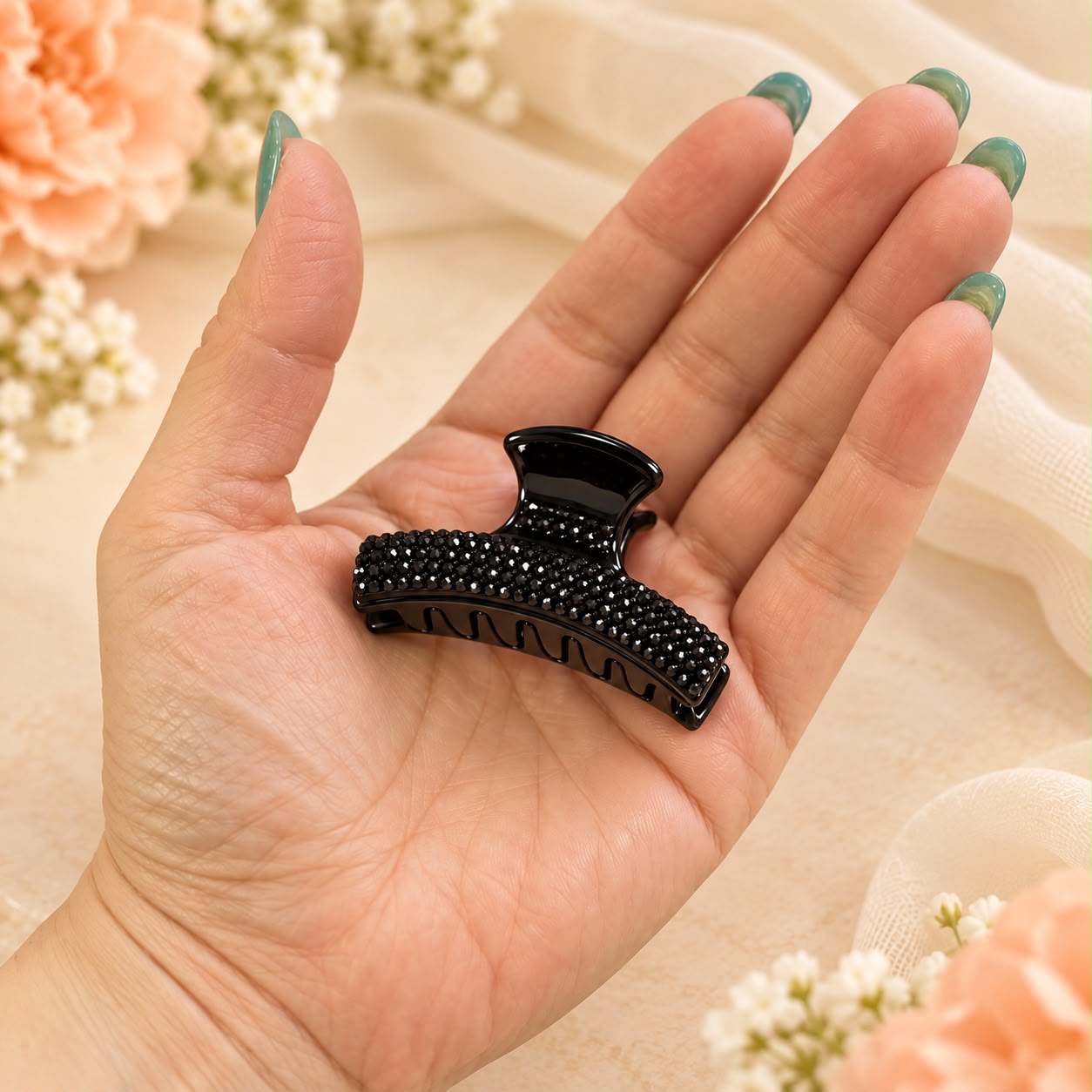 Presilha de cabelo preta com pedrarias brilhantes, elegante e prática para complementar seu penteado.