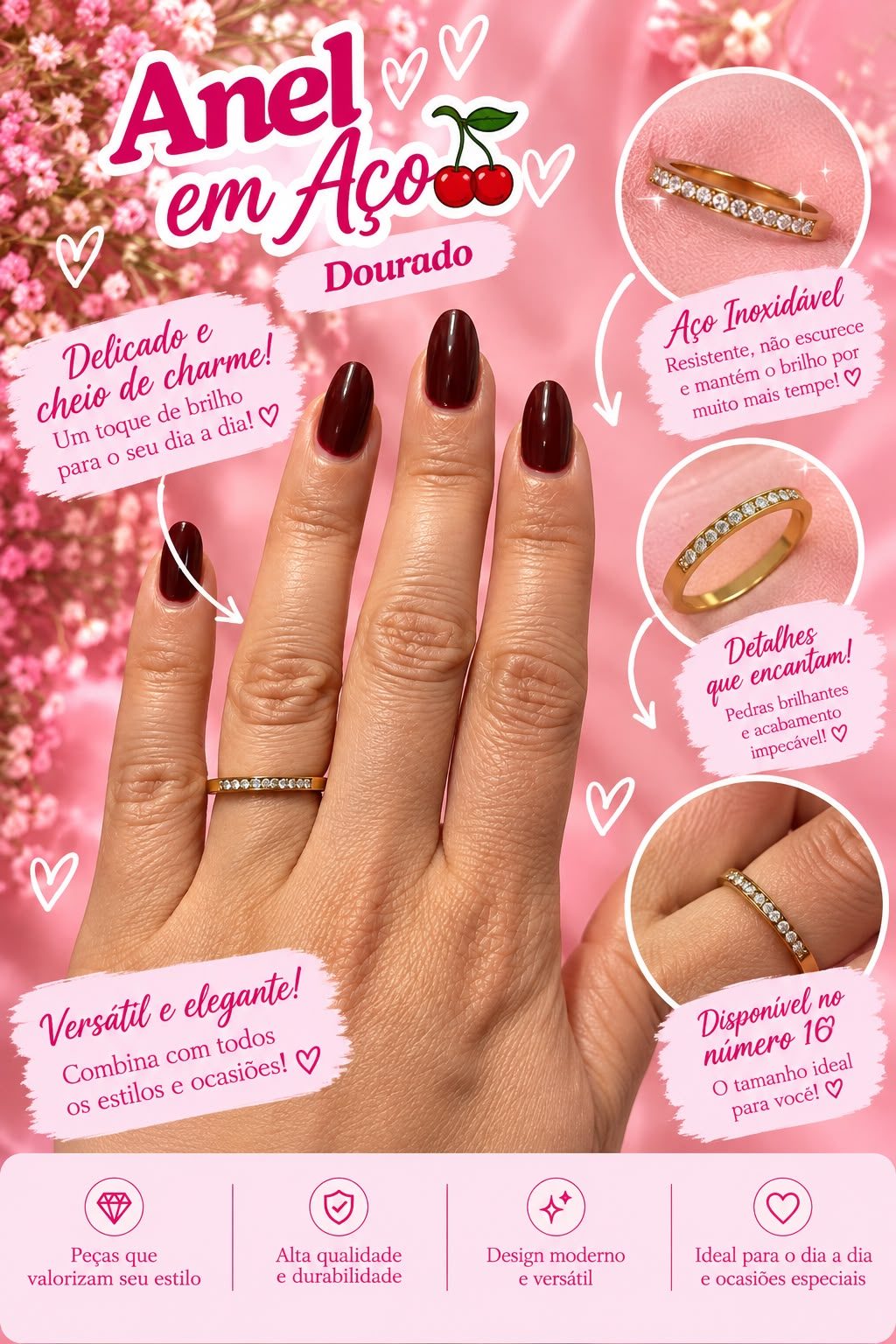 Anel Dourado em Aço Inoxidável com Zircônias ✨