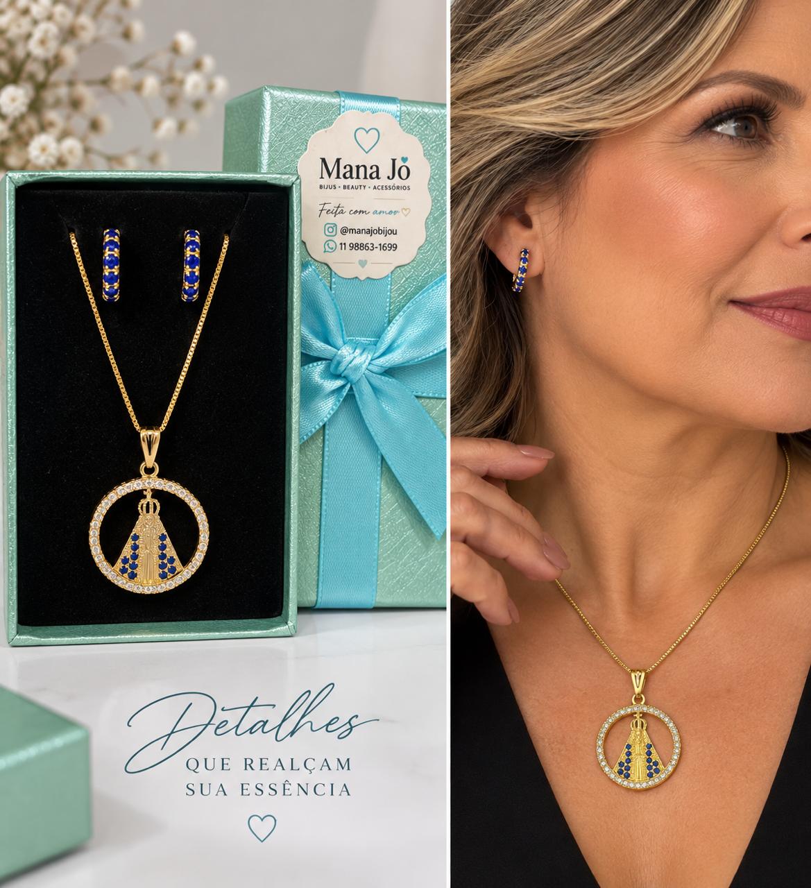 Conjunto Nossa Senhora dourado com pedra azul 