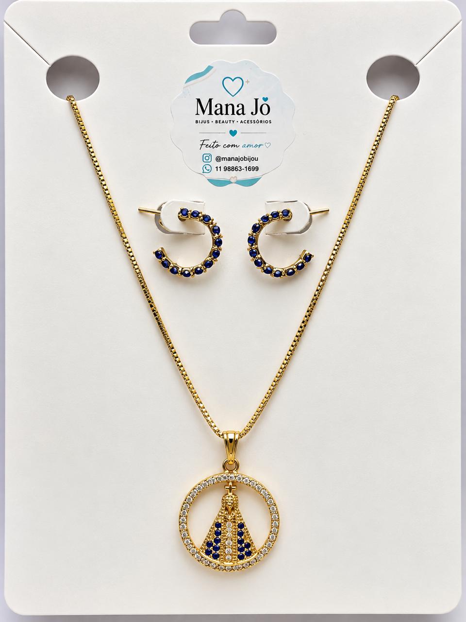 Conjunto Nossa Senhora dourado com pedra azul