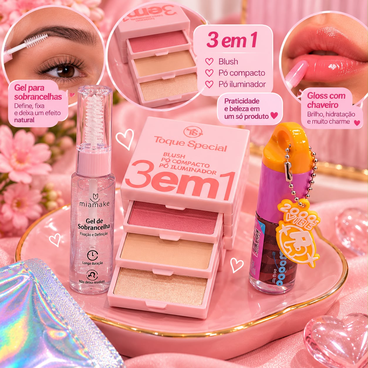 Kit Make-up 3 em 1: praticidade e charme para o seu nécessaire