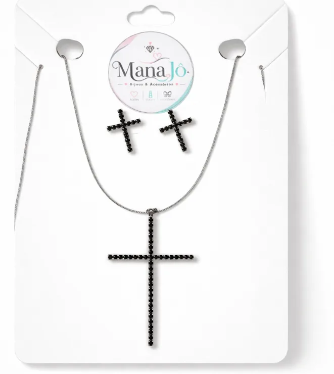 Conjunto Cruz prateado com pedra preta 