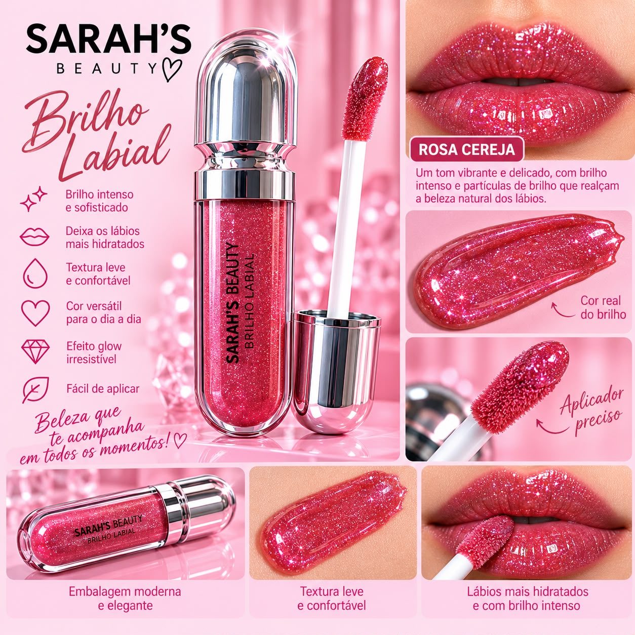 Brilho Labial Sarah’s Beauty — Rosa Cereja 🍒✨
