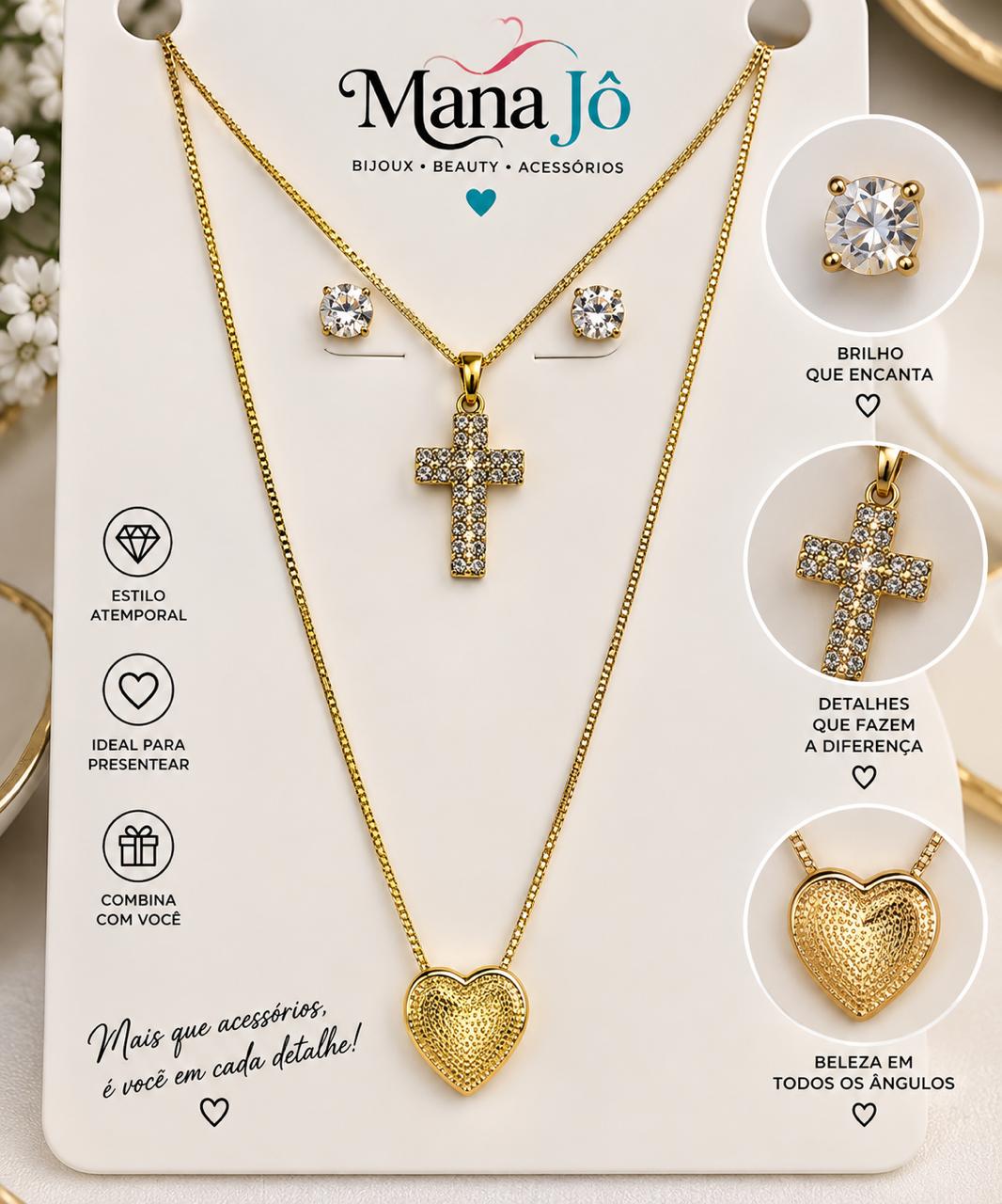 Conjunto colar duplo coração e cruz