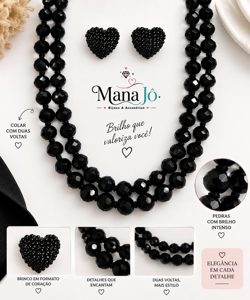 Conjunto de colar duas voltas cumprido e brinco com pedra black 