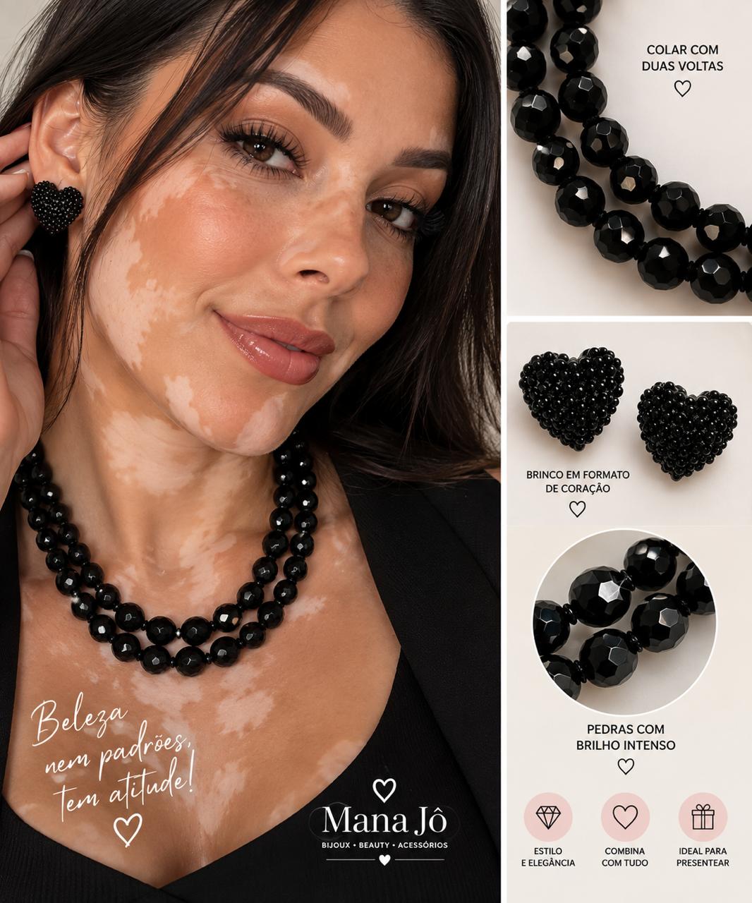 Conjunto de colar duas voltas cumprido e brinco com pedra black 