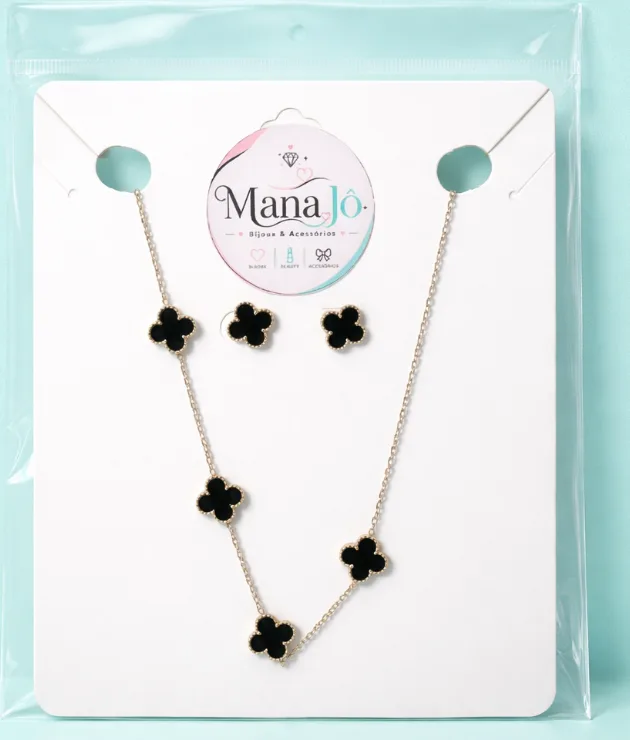 Conjunto trevo preto prateado