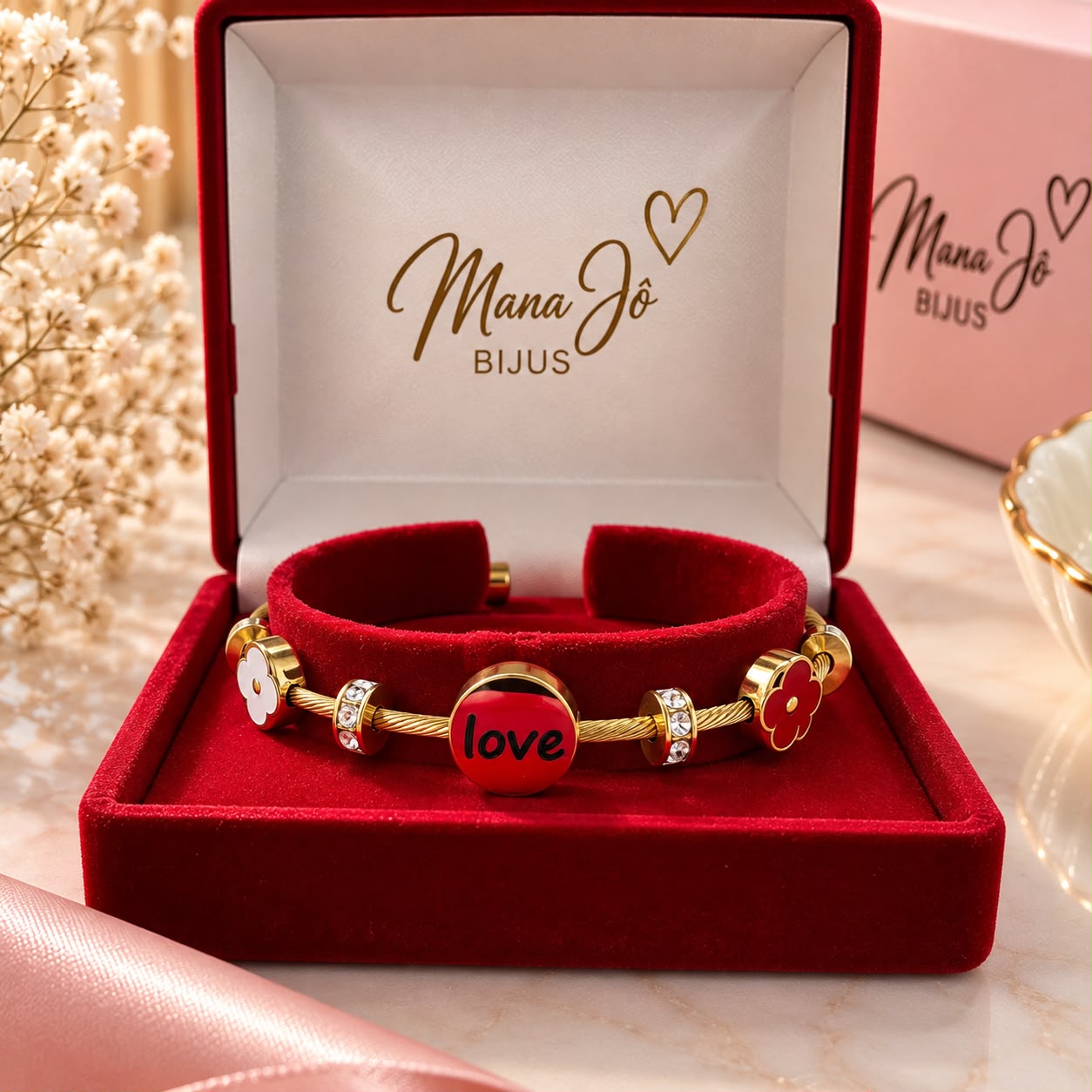 Bracelete love com detalhes flor em aço inoxidavel