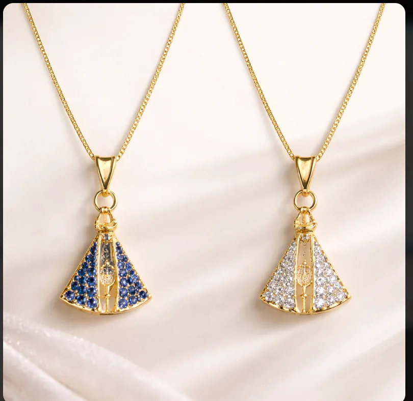 Colar Nossa Senhora dourado com pedrinhas azul