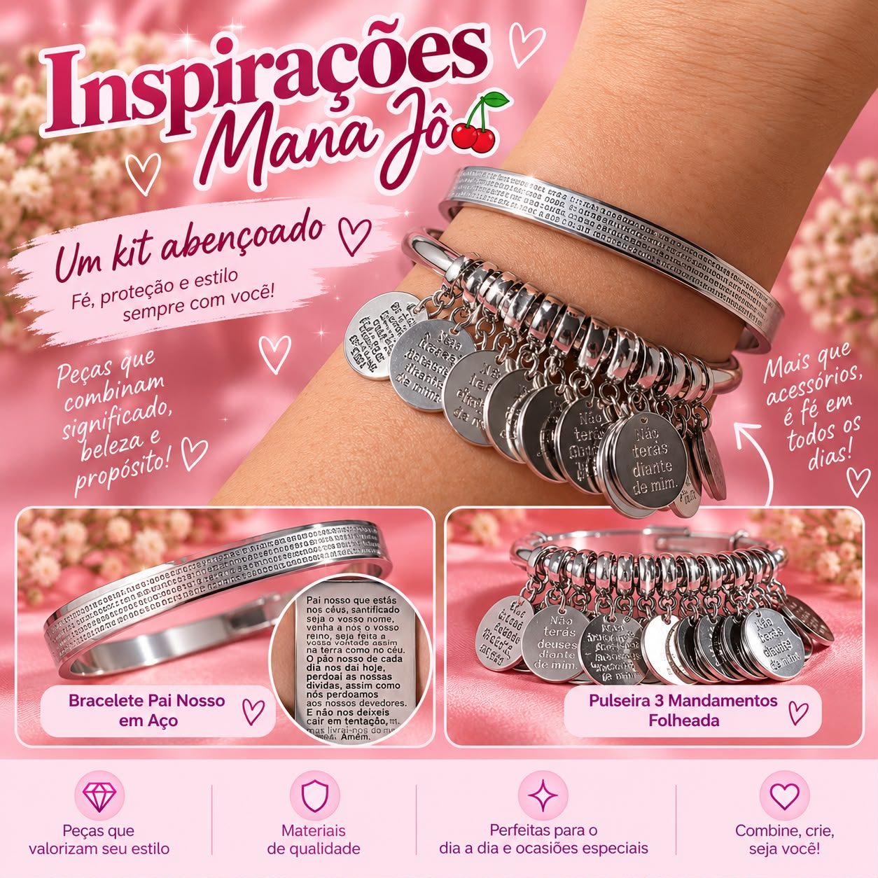 Kit de Pulseiras Pai Nosso e 3 Mandamentos — Inspirações Mana Jô ✨