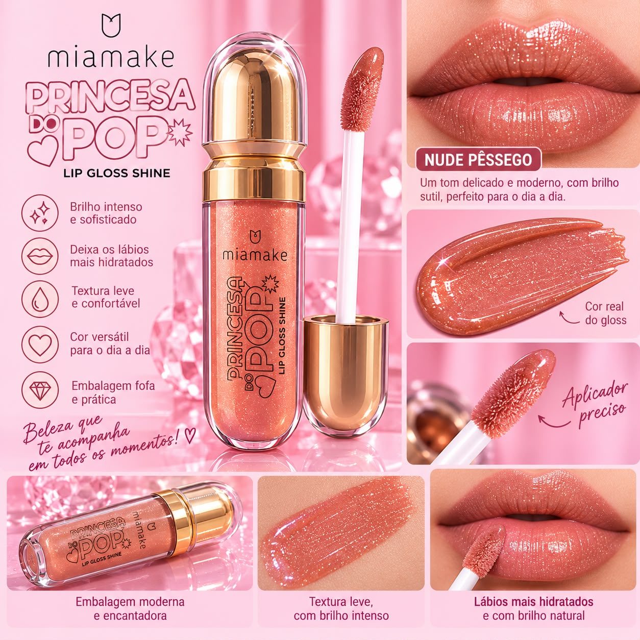 Gloss Mia Make Princesa do Pop — Nude Pêssego ✨